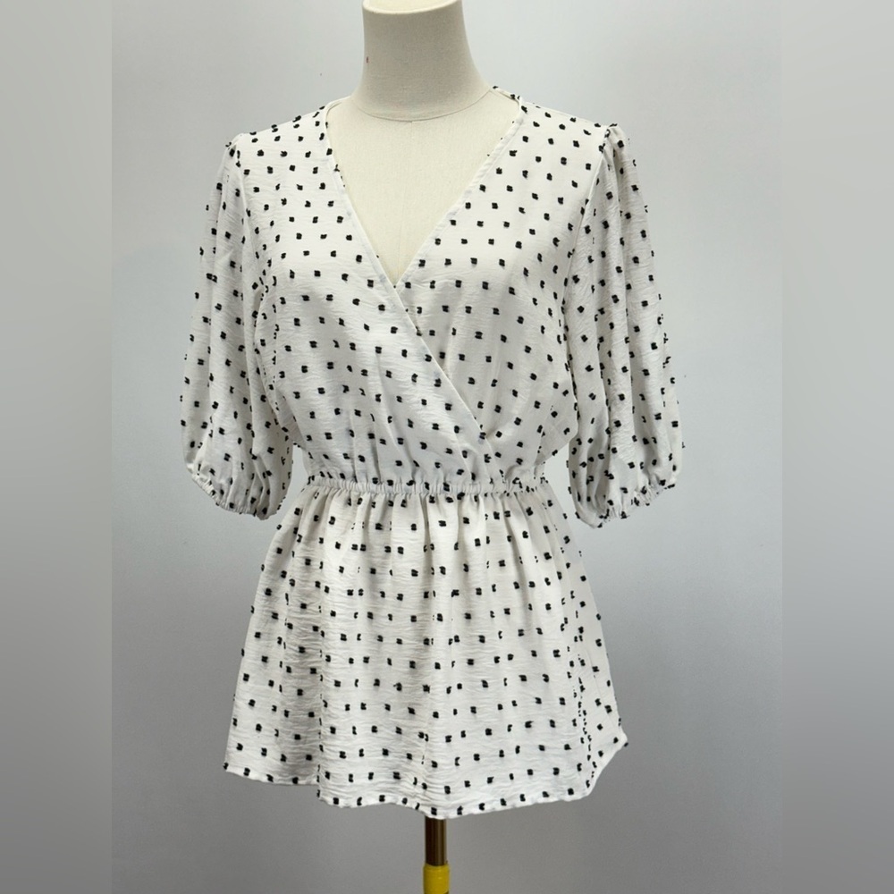 STACCATO White and Black Polka Dot puff sleeve peplum blouse size M - Picture 9 of 15